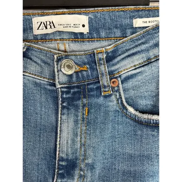 ZARA Bootcut High Rise Straight Jean Stretch Raw Hem Zip Button 2 Blue #3324 - Picture 7 of 14